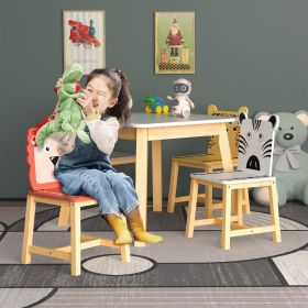 5 Piece Kiddy Table and Chair Set , Kids Wood Table with 4 Chairs Set Cartoon Animals (bigger table) (3-8 years old) - as Pic