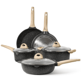 Nonstick Pots and Pans Set, 8 Pcs Granite Stone Kitchen Cookware Sets (Black) - 8